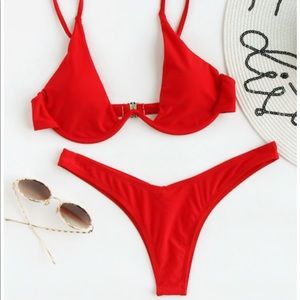 Red Underwire Top With High Leg Bikini Set